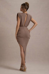 Mocha Sleeveless Maxi Dress With Asymmetric Hem